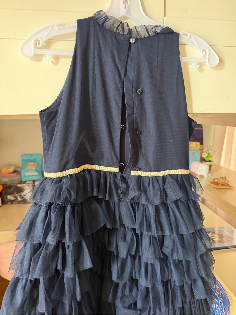 Janie and Jack Navy Ruffle Tulle Party Dress with Gold Waist Trim - Picture 3 of 5
